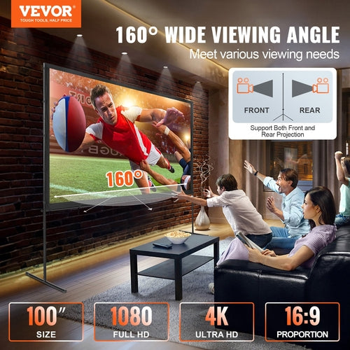 Projector Screen with Stand, 100 inch 16:9 4K 1080 HD Outdoor Movie