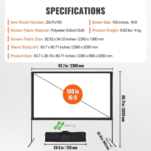 Projector Screen with Stand, 100 inch 16:9 4K 1080 HD Outdoor Movie